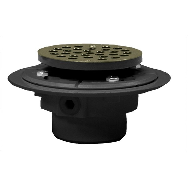 Jones Stephens 2inX3in PVC Shower Drain with 2in PVC Spud and 4in Round Polished Brass Strainer, Primer Tapped D50121 - main